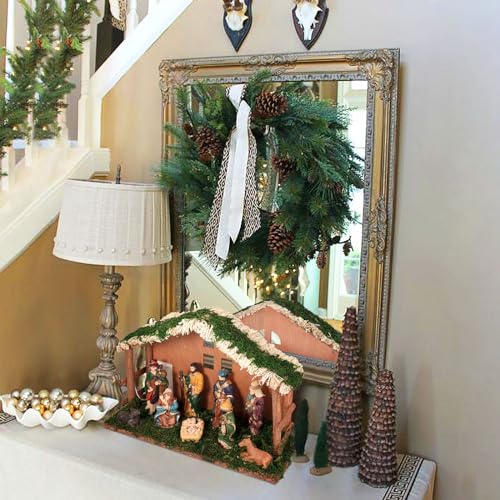 Lighted Christmas Nativity Set with Wooden Stable - 10 Piece Tabletop Decor