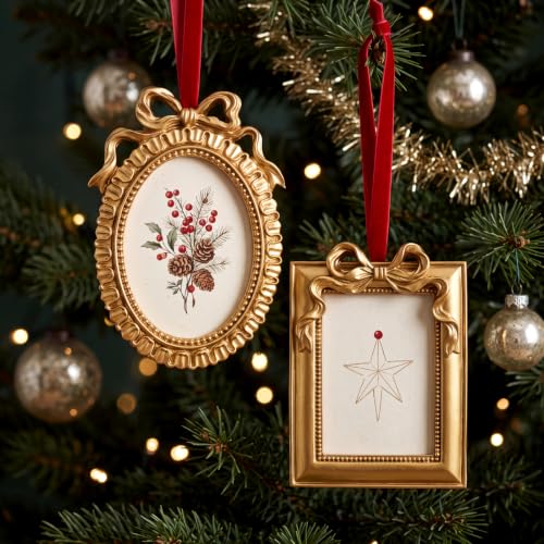 Leinuosen 8 Pcs Mini Vintage Picture Frames Set - Gold Bow Ornament Frames, Rect & Oval, for Christmas Tree (Gold/Rectangular + Oval1)