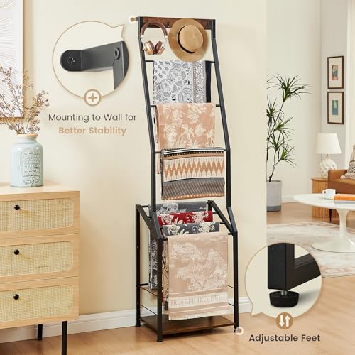 7-Tier Blanket Ladder Shelf with Hooks, Rustic Wooden Towel Rack for Storage