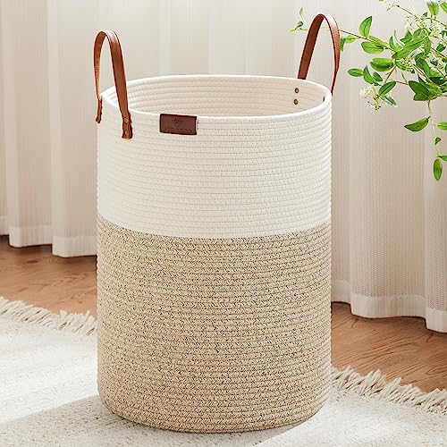100L Tall Woven Cotton Rope Laundry Hamper with Leather Handles