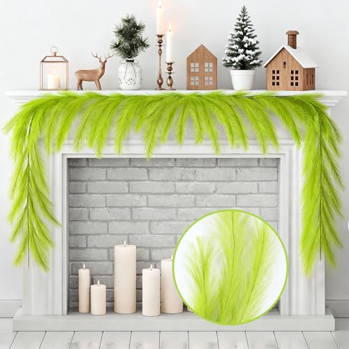 9 Ft Lime Green Pampas Grass Christmas Garland - Lemon Green 9ft Boho Wreath