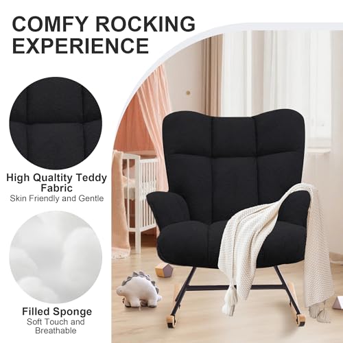 Zedachica Black Teddy Upholstered Nursery Rocking Chair Glider Armchair