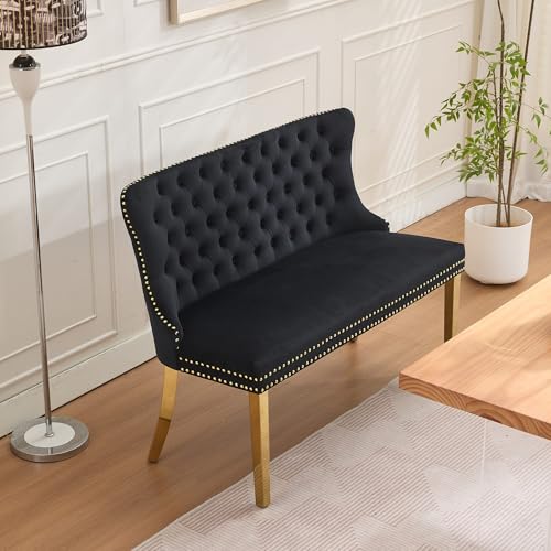 Velvet Upholstered Dining Bench with Back, 46-inch Tufted Loveseat with Gold Legs