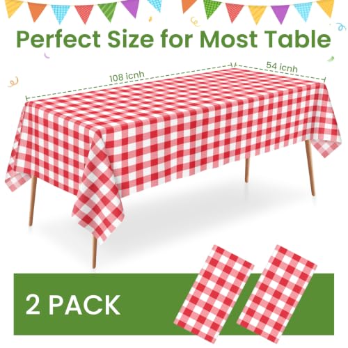 LIKAJON 2 Pack Red Gingham Disposable Tablecloth 54 x 108 in – Rectangle, Red and White Checkered