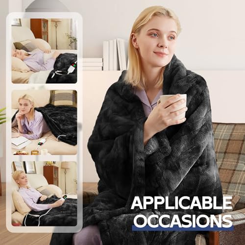 Electric Heated Throw Blanket - Faux Rabbit Fur, 8 Heating Levels, Grey
