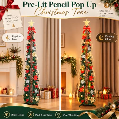 Degeyoyo 6ft Prelit Red and Gold Christmas Tree with Lights and Decorations