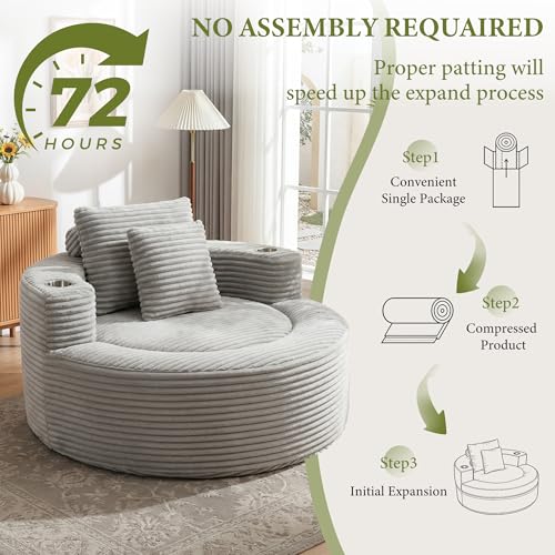 55-Inch Oversized Round Chaise Lounge Chair, Grey Corduroy Floor Sofa