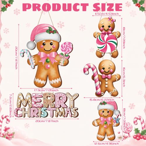 Pink Gingerbread Man Christmas Wooden Door Sign - Holiday Decor, 20.5 x 6.2 inches