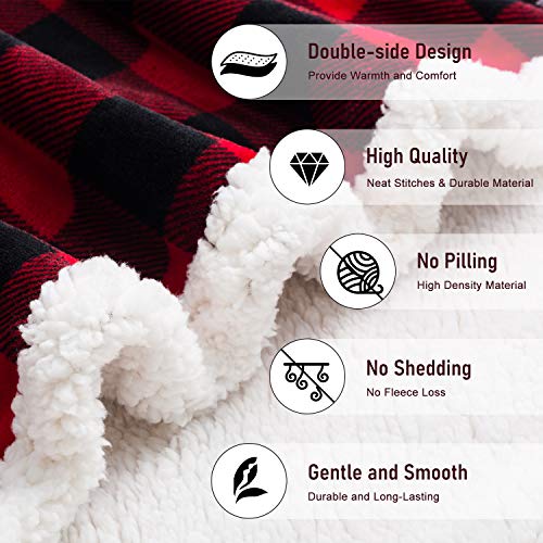 BEAUTEX Twin Sherpa Fleece Buffalo Plaid Blanket - 60x80 inches, Red
