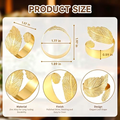 Gold Laurel Leaf Napkin Rings, Set of 12 Solid Metal Table Decor
