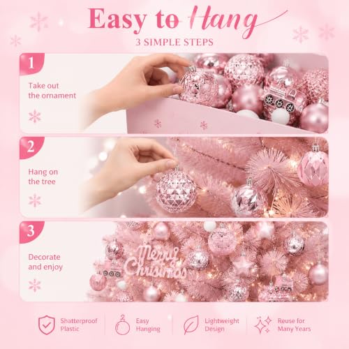 65Pcs Pink Christmas Ornaments Set - Shatterproof Glitter Balls & Lace Bows