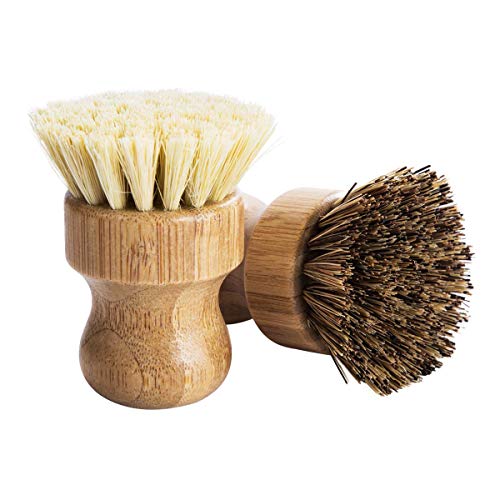 Natural Bamboo Palm Scrub Brush 3-Pack - Round Pot & Dish Scrubber Kit