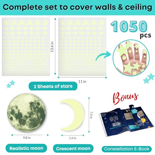 Glow in the Dark Stars for Ceiling - 1050 Pcs Moons & Stars Wall Decals