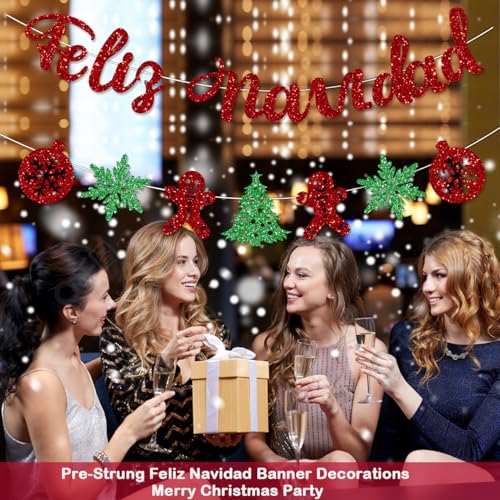 Feliz Navidad Banner, Pre-Strung Christmas Spanish Banner – 9.8 ft Glitter Text