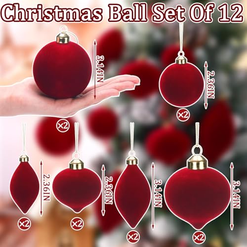 Red Velvet Christmas Ball Ornaments 12Pcs Glass Flocked Decorative Ornaments