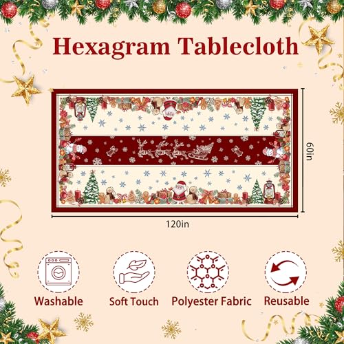Hexagram Red 60x120 Inch Christmas Tablecloth - Snowman & Santa Rectangle