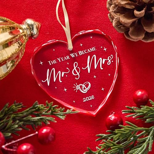 Mr and Mrs Heart Glass Ornament - Newlywed Wedding Gift for Couples