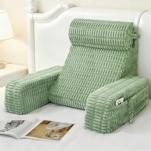 Ergonomic Reading Pillow with Large Pockets – 19" Backrest Cushion for Bed Sitting, Nursing, and Relaxing – Sage Green