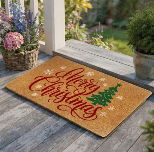 Merry Christmas Tree Door Mat - Holiday Coir Doormat with Snowflakes