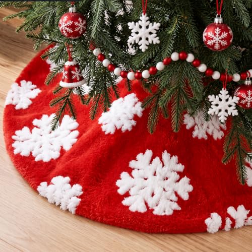 24 Inch Red and White Plush Snowflake Christmas Tree Skirt