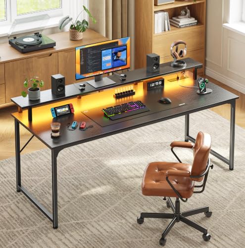 55-Inch Gaming Desk with LED Lights, Power Outlets and Monitor Stand