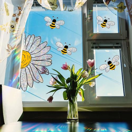 5-Piece Bee & Sunflower Double-Sided Window Clings - Reusable Glass Decals
