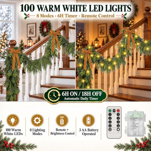 Deckit 15ft Christmas Garland with 100 LED Lights, Real-Touch PE Norfolk Pine & Cedar