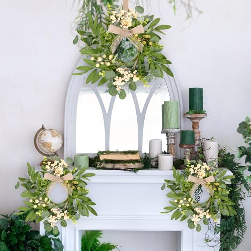 4 Pcs Eucalyptus Candle Rings 7.87 Inch Artificial Green Berry Wreaths
