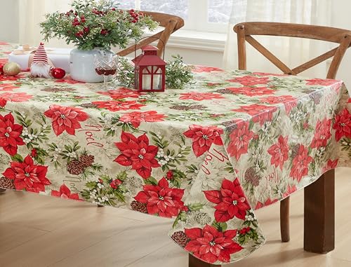 Newbridge Majestic Poinsettia 60x102 Rectangle Vinyl Tablecloth with Flannel Backing, Red Noel — 102 x 60 inches