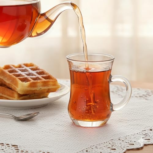 Suwimut Set of 6 Turkish Tea Glasses with Handles - 5 oz Clear Tulip-Shaped Cups for Hot & Cold Beverages