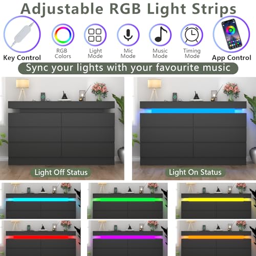 6-Drawer Dresser with Charging Station and LED Lights