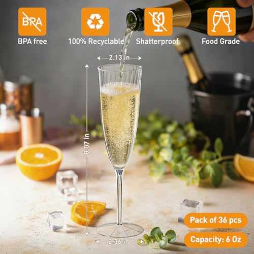 36 Pack Clear Plastic Champagne Flutes 6oz Disposable Glasses for Parties
