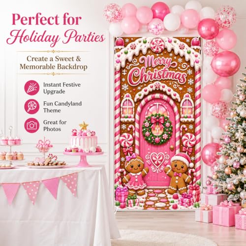 Pink Gingerbread Door Cover - 72x35 in Gingerbread Christmas Banner, Noravexil