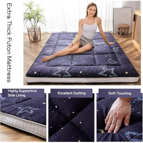 Full Size Japanese Floor Futon Mattress, Quilted Moon and Star Sleeping Pad