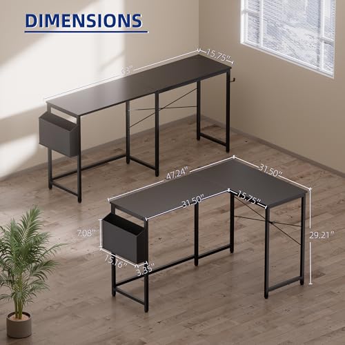 47-Inch Reversible L-Shaped Gaming Desk with Storage Bag and Headphone Hook