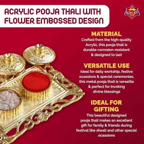 Golden Decorative Pooja Thali with Roli Chawal Holder for Diwali Rituals