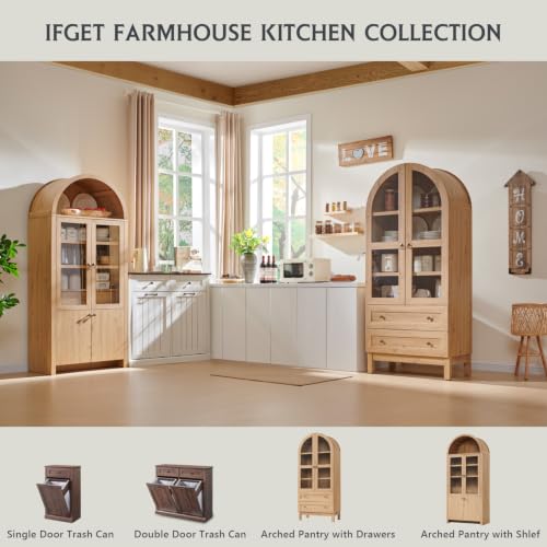 71" Arched Kitchen Pantry Cabinet with Glass Doors & Drawers