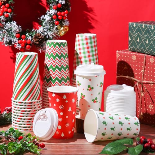 Sliner 60 Pcs Christmas Coffee Cups with Lids 16 oz, 6 Designs