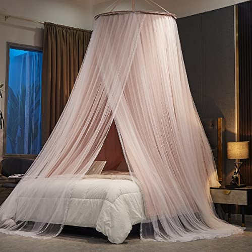 Princess Bed Canopy with Lace - Double Layer Round Dome Mosquito Net (Pink)
