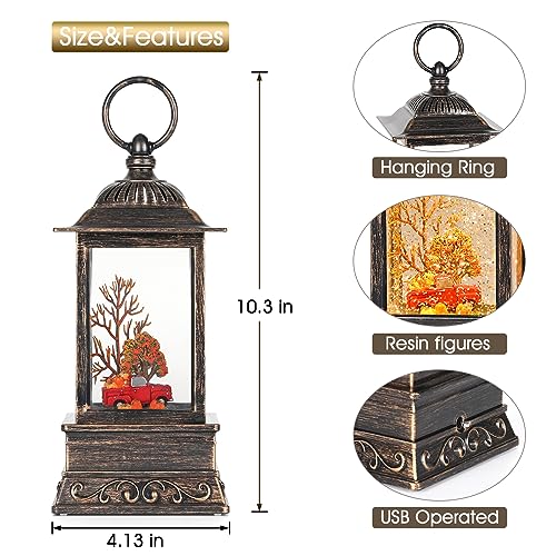 Lighted Fall Snow Globe Lantern with Red Truck, USB/Battery Powered Decor
