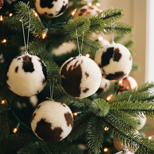 ElegantPark Ball Cowhide Christmas Ornaments Set of 10 - 3 inch Farmhouse Xmas Decor, White