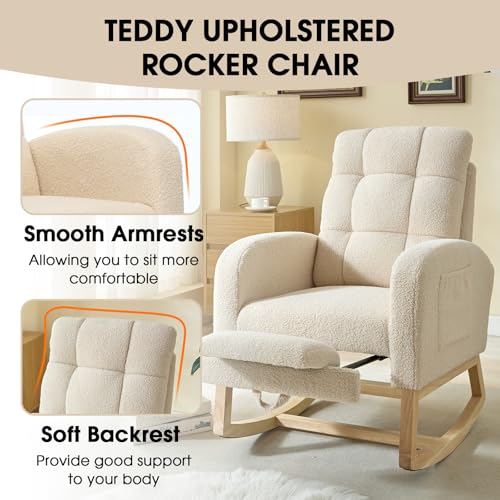 Modern Teddy Upholstered Nursery Rocking Chair with Footrest & Pocket - Beige