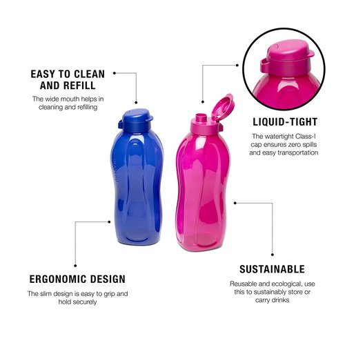 Tupperware 2 x Aquasafe 2 Litre Plastic Bottles with Flip Top
