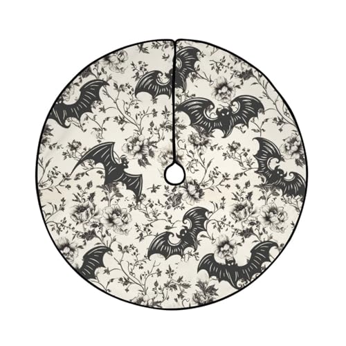 Goth Bat Floral Christmas Tree Skirt - 36 Inch Halloween Holiday Mat