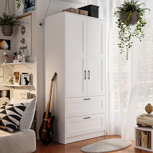 2-Door Wooden Wardrobe Closet with Drawers and Hanging Rod - White