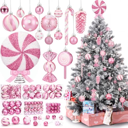 Vercraft Pink Candy Cane Ornaments Set - 82 Christmas Plastic Decorations with Lollipop Tree Topper