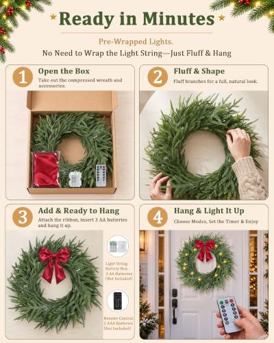 23" Norfolk Pine Wreath - Pre-Lit Front Door Decor, Hecaty 23inch