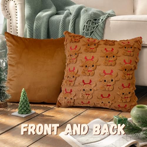 OECTVD Brown Highland Cow Holiday Throw Pillow Cover 18x18 Set of 2 with Elk Headband