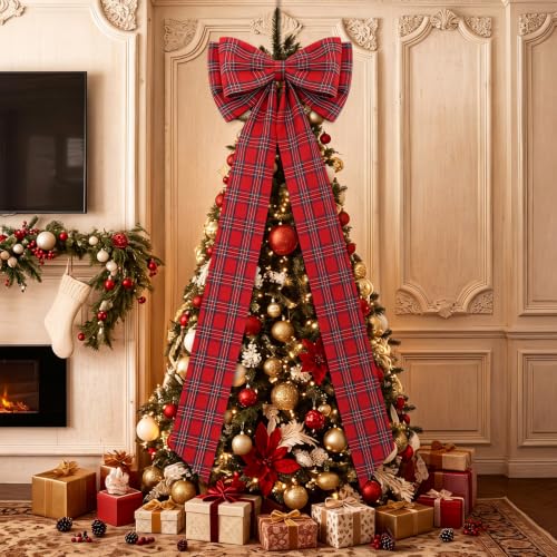 Large Christmas Plaid Bow 27.6 x 78.7 Inch Red Green Tree Topper Decor