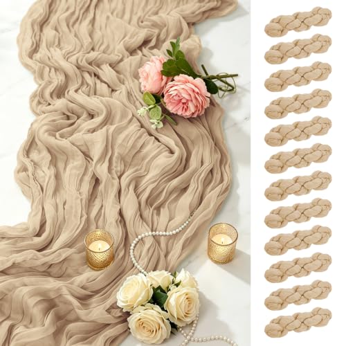 QMDBUI 12 Pack Beige Cheesecloth Table Runners 17 x 108 Inch for Wedding & Party